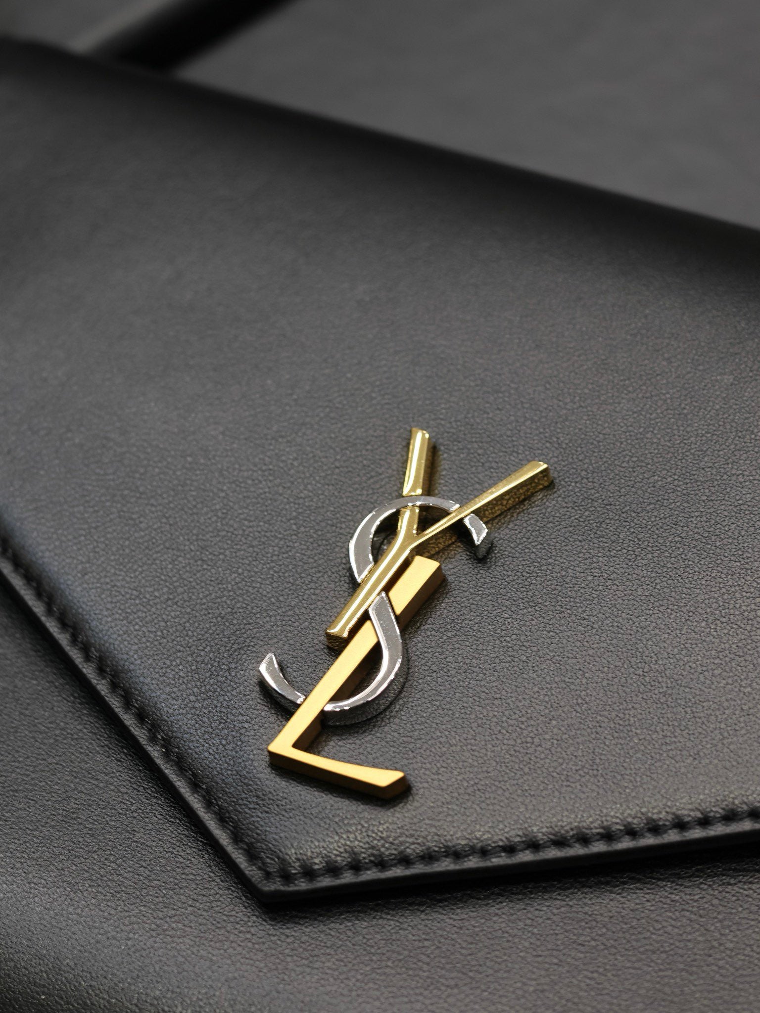 Saint Laurent YSL Black Leather Envelope Clutch Bag with Gold-Tone Logo