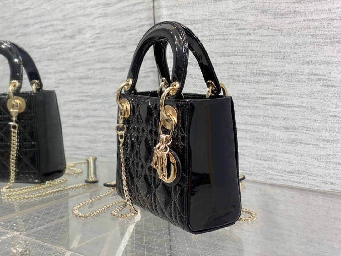 Christian Dior Mini Lady Dior Bag Black Patent Cannage Calfskin with Gold-tone Hardware