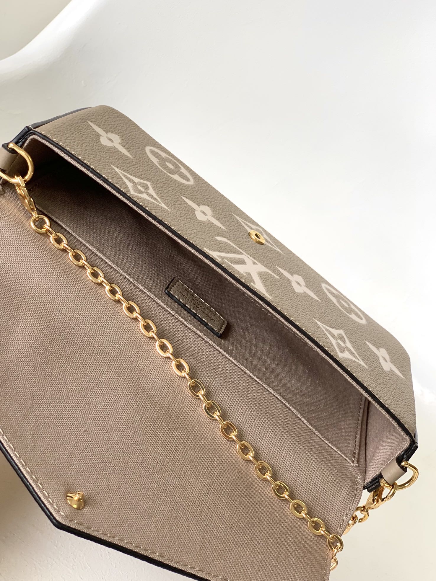 Louis Vuitton Taupe Monogram Leather Envelope Clutch Purse with Gold Chain