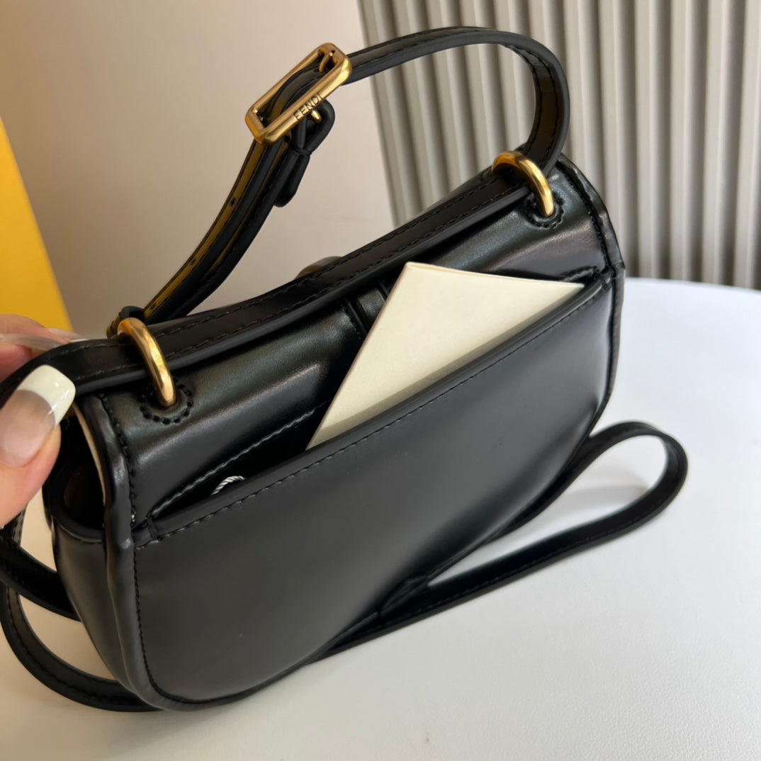 Fendi C'mon Small Black Leather Shoulder Bag with Gold FF Logo