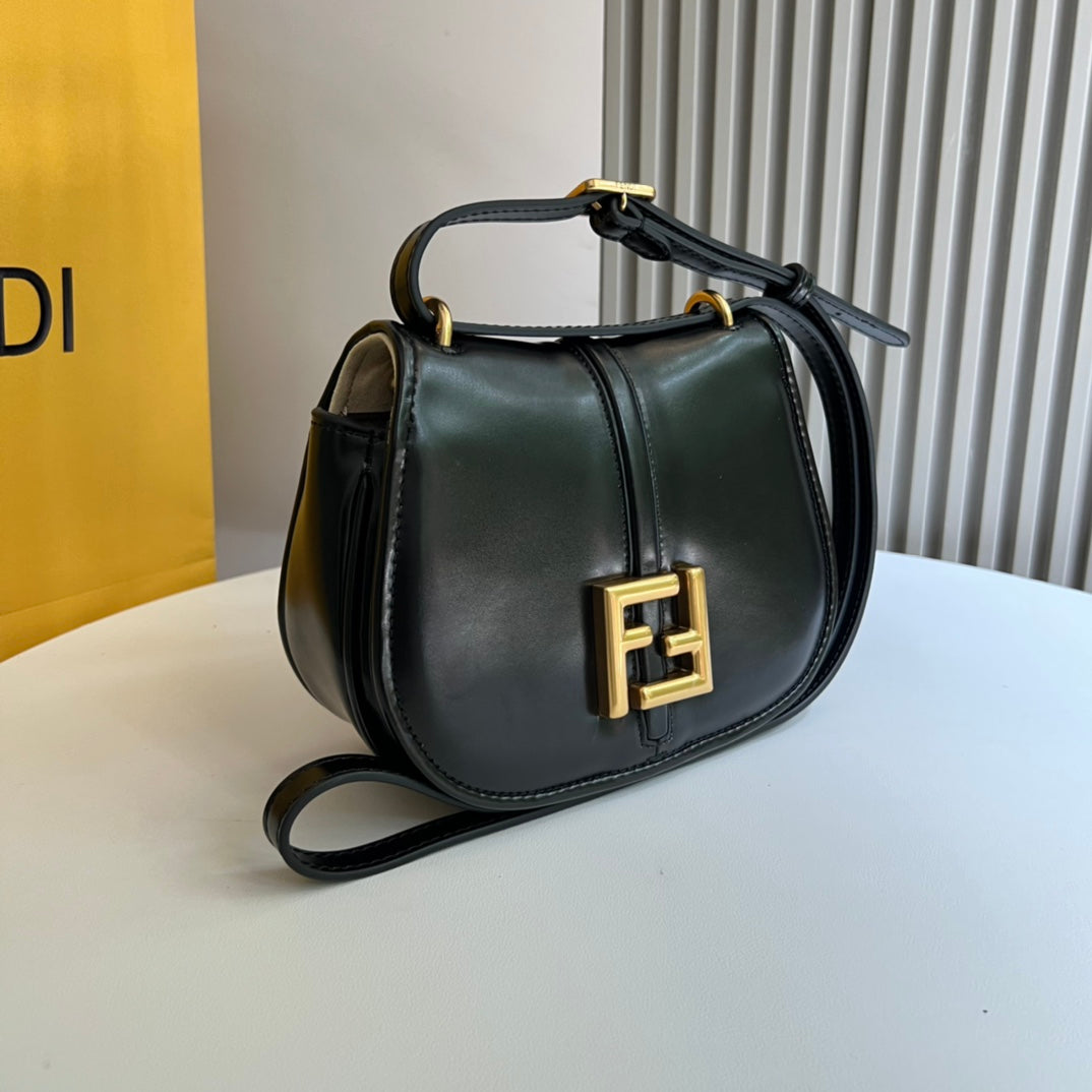Fendi C'mon Small Black Leather Shoulder Bag with Gold Hardware