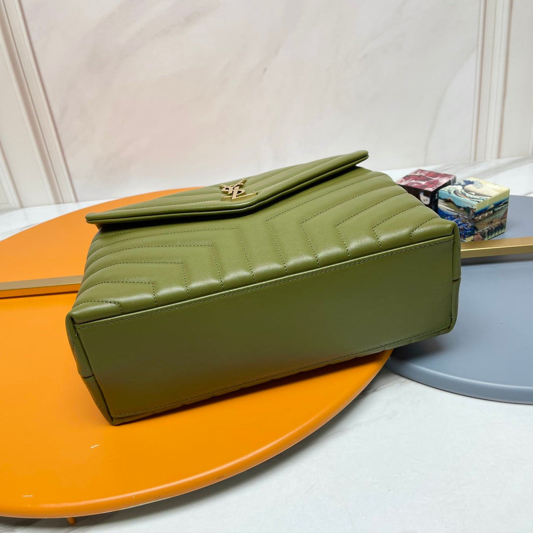Saint Laurent Style Monogram Quilted Leather Shoulder Bag - Olive Green