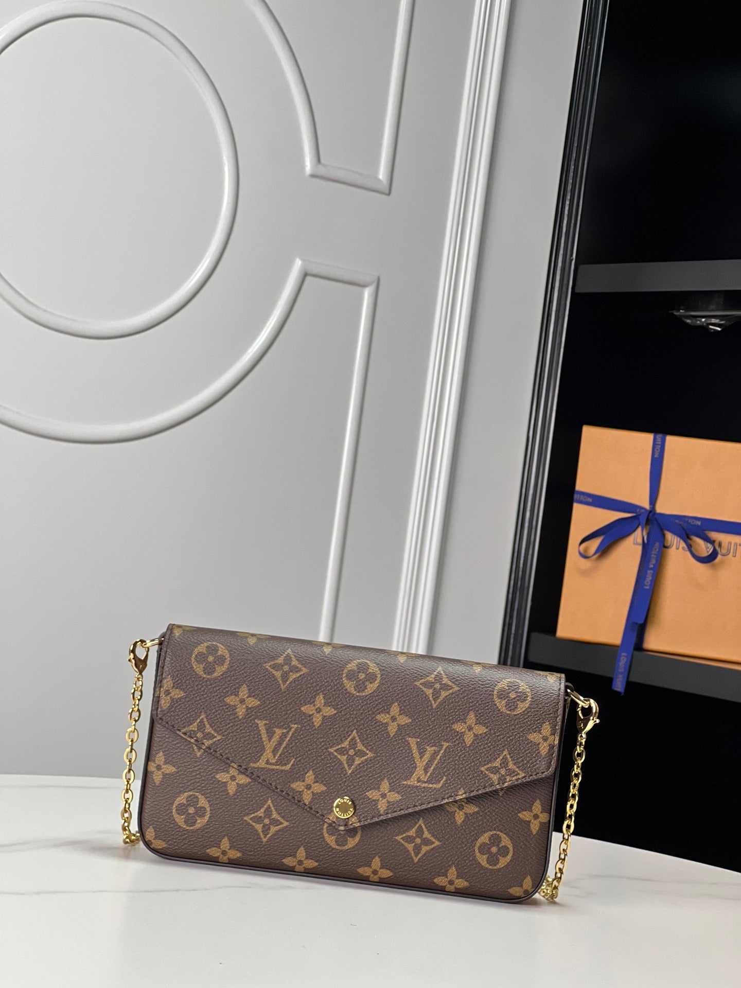 Louis Vuitton Classic Brown Monogram Envelope Clutch Bag with Gold Chain Strap