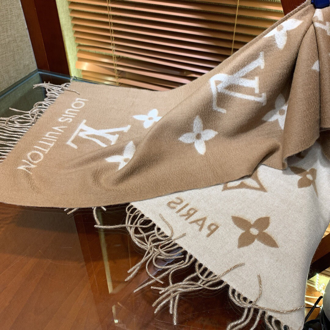 Louis Vuitton Monogram Scarf - Beige and White Wool Cashmere Blend Luxury Fringe Wrap