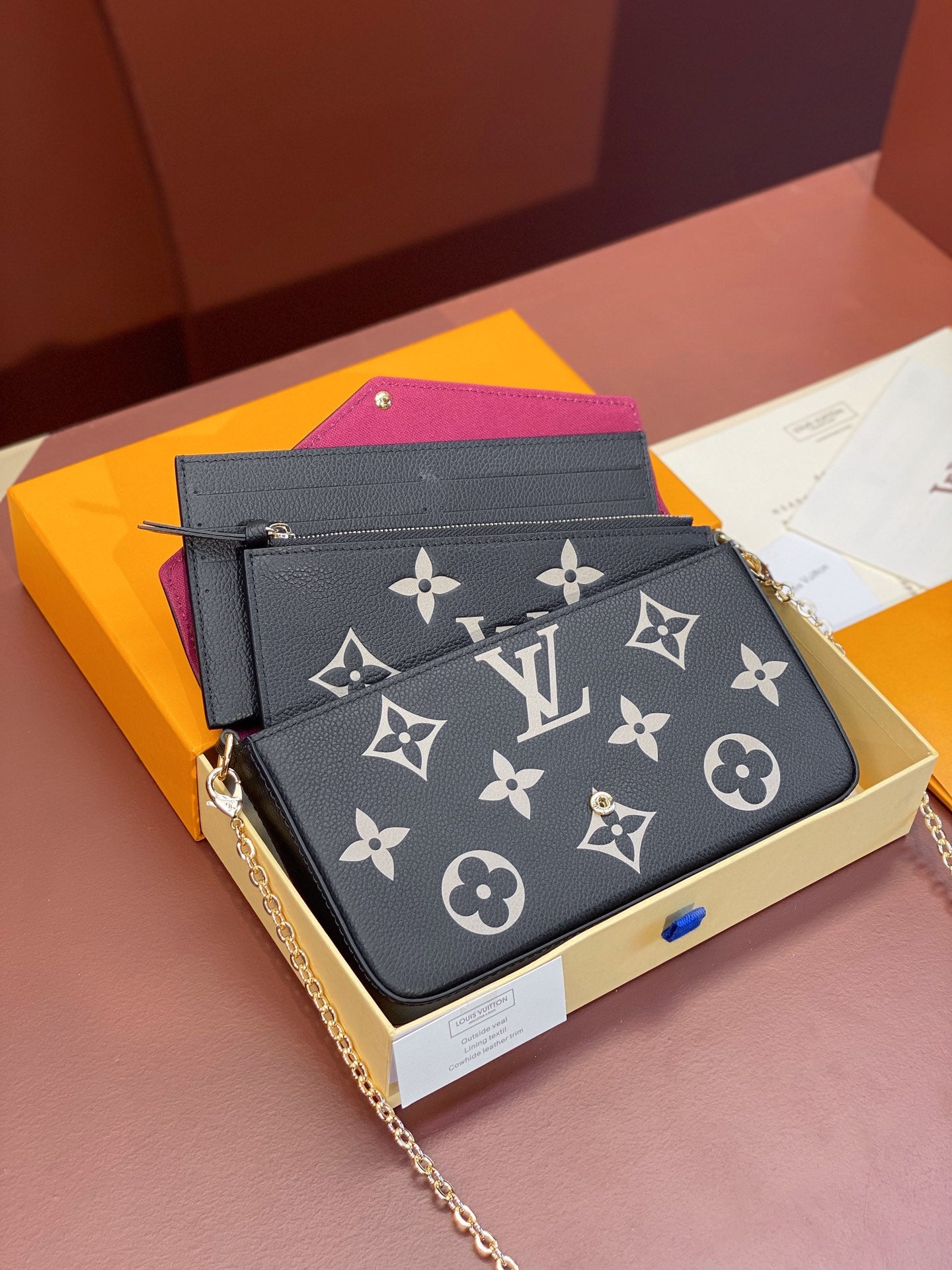 Louis Vuitton Black Embossed Monogram Leather Envelope Clutch with Gold Chain