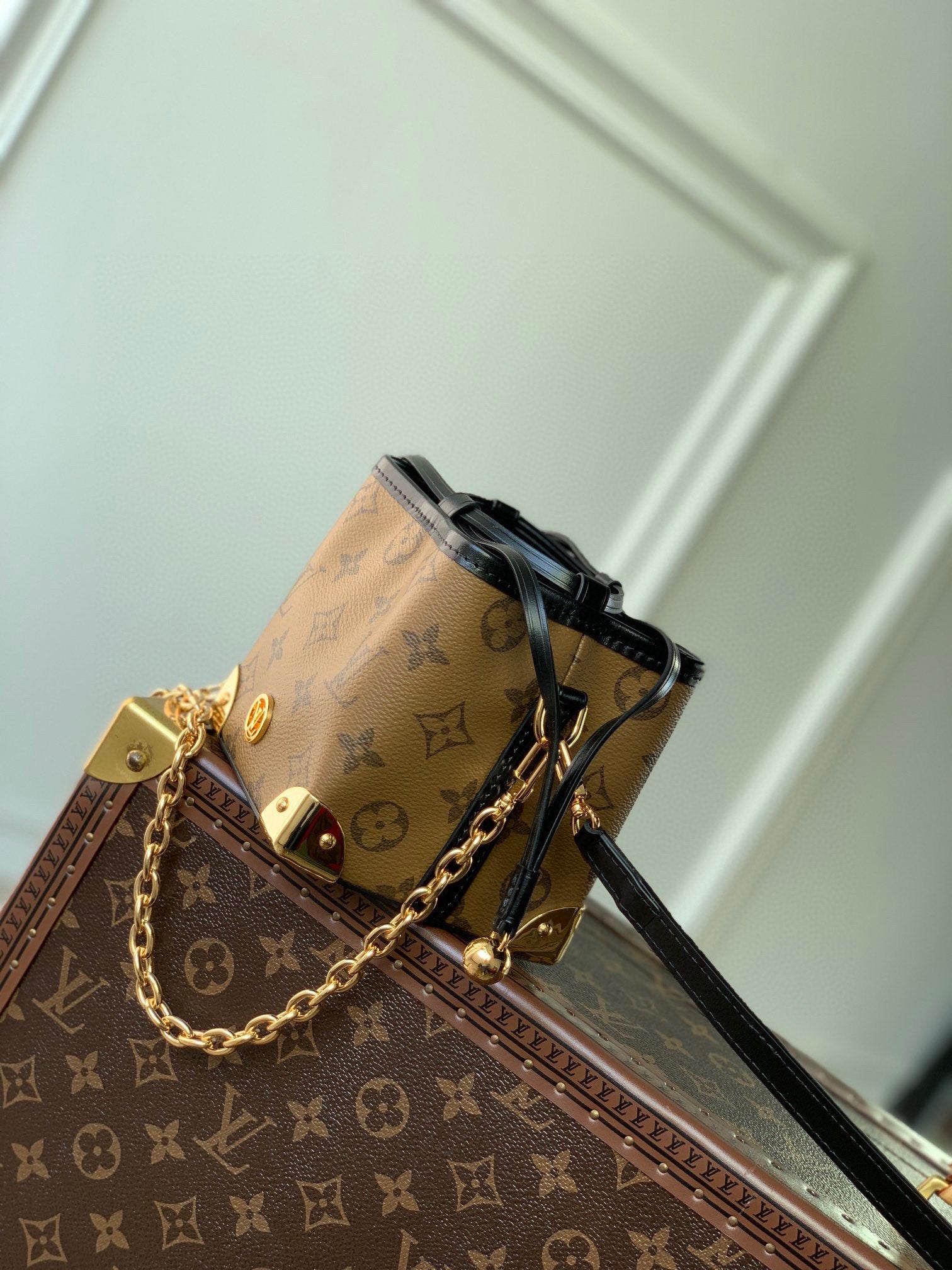 Louis Vuitton Brown Monogram Canvas Bucket Bag with Gold Chain and Leather Strap
