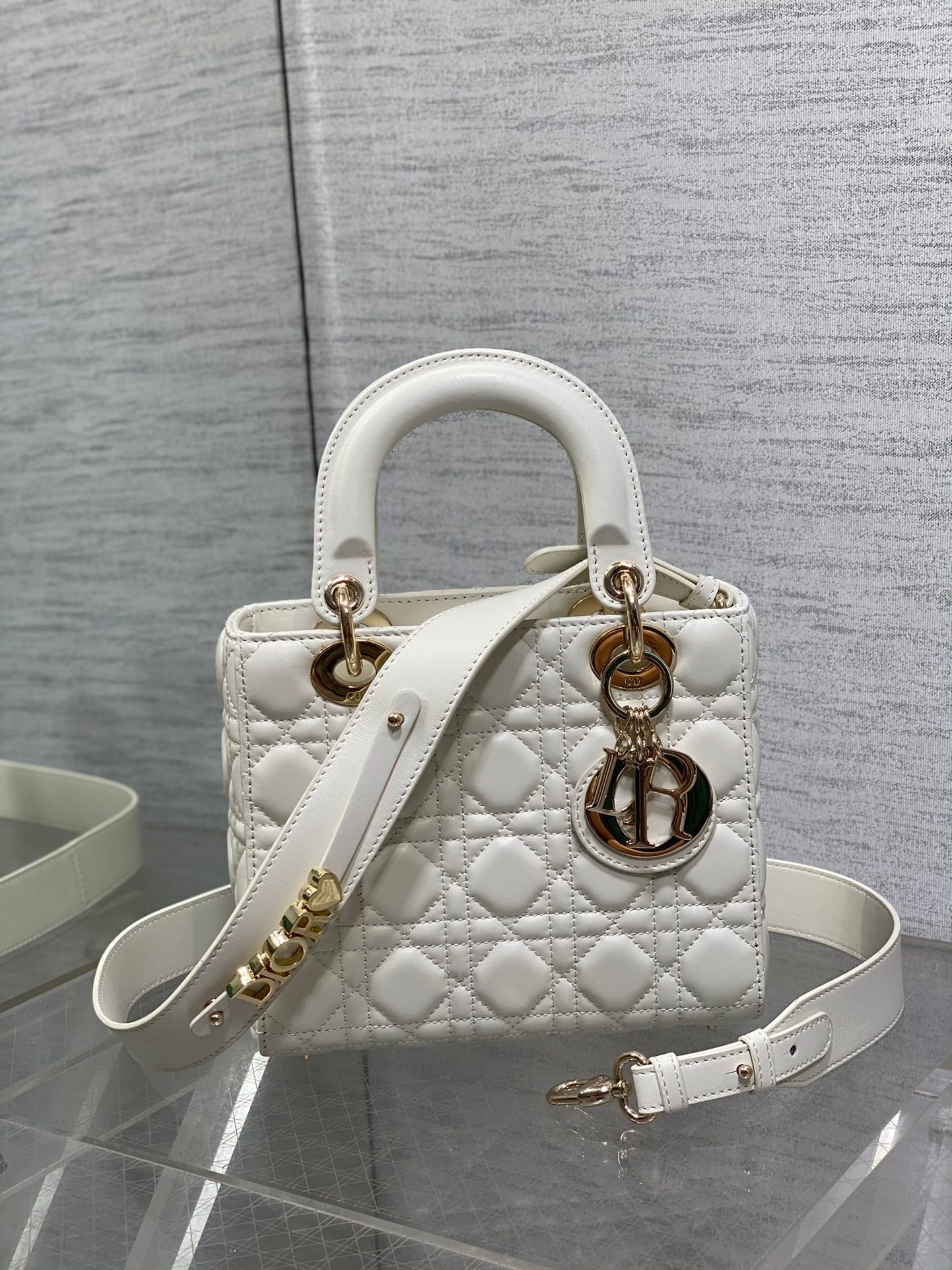 Dior White Quilted Leather Top Handle Handbag with Gold Hardware
