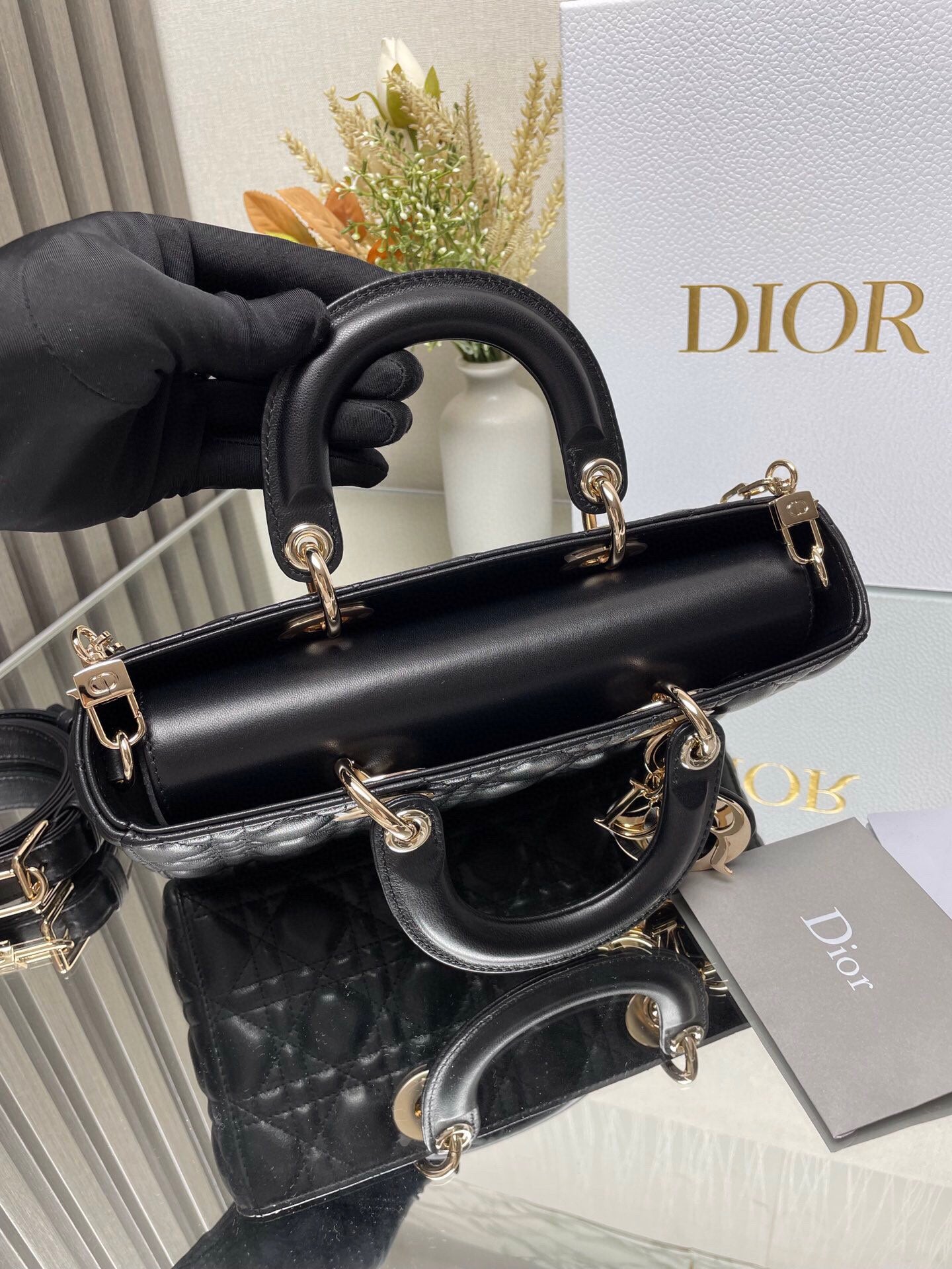 Dior Black Quilted Leather Top Handle Handbag with Gold Chain Strap