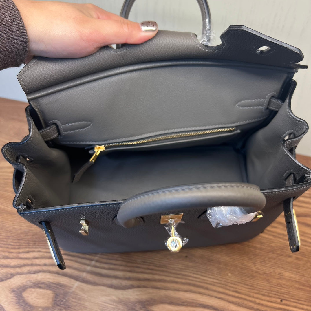 Luxury Togo Leather Handbag Birkin Style with Gold Hardware - Etoupe