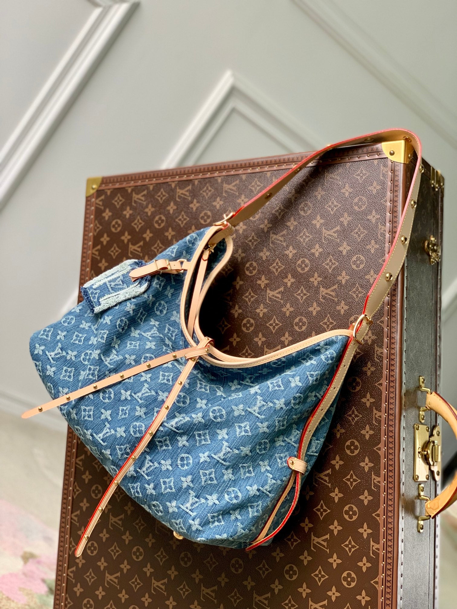Louis Vuitton Classic Blue Monogram Denim Shoulder Handbag with Leather Bow