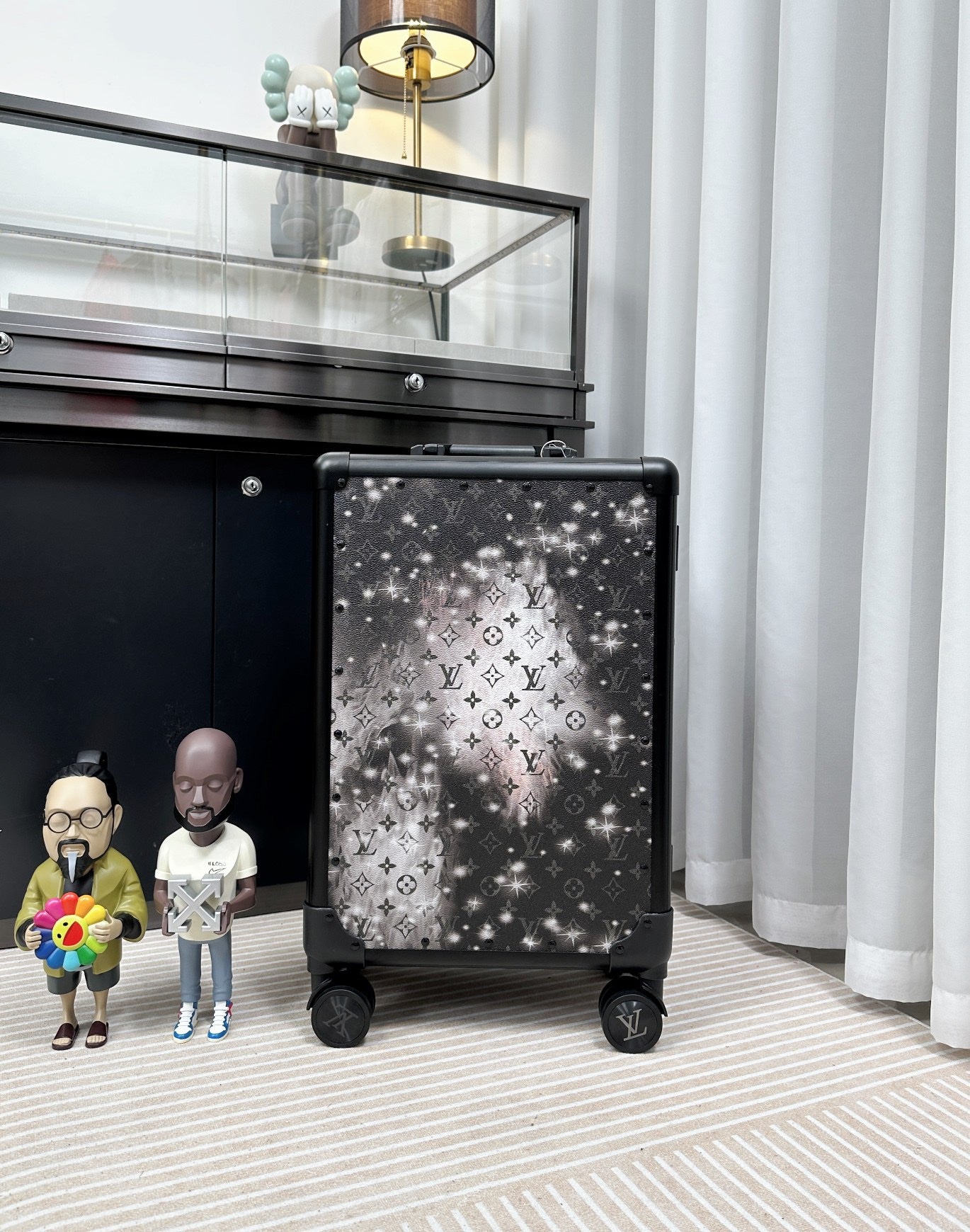 Black and White Monogram Print Hardside Spinner Carry-On Suitcase