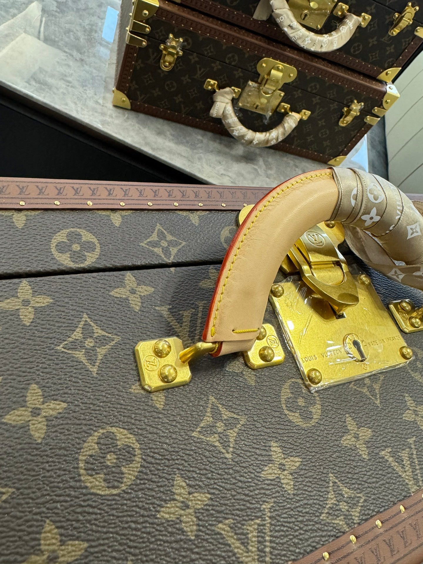 Vintage Brown Monogram Pattern Hard Trunk Case with Gold Latch