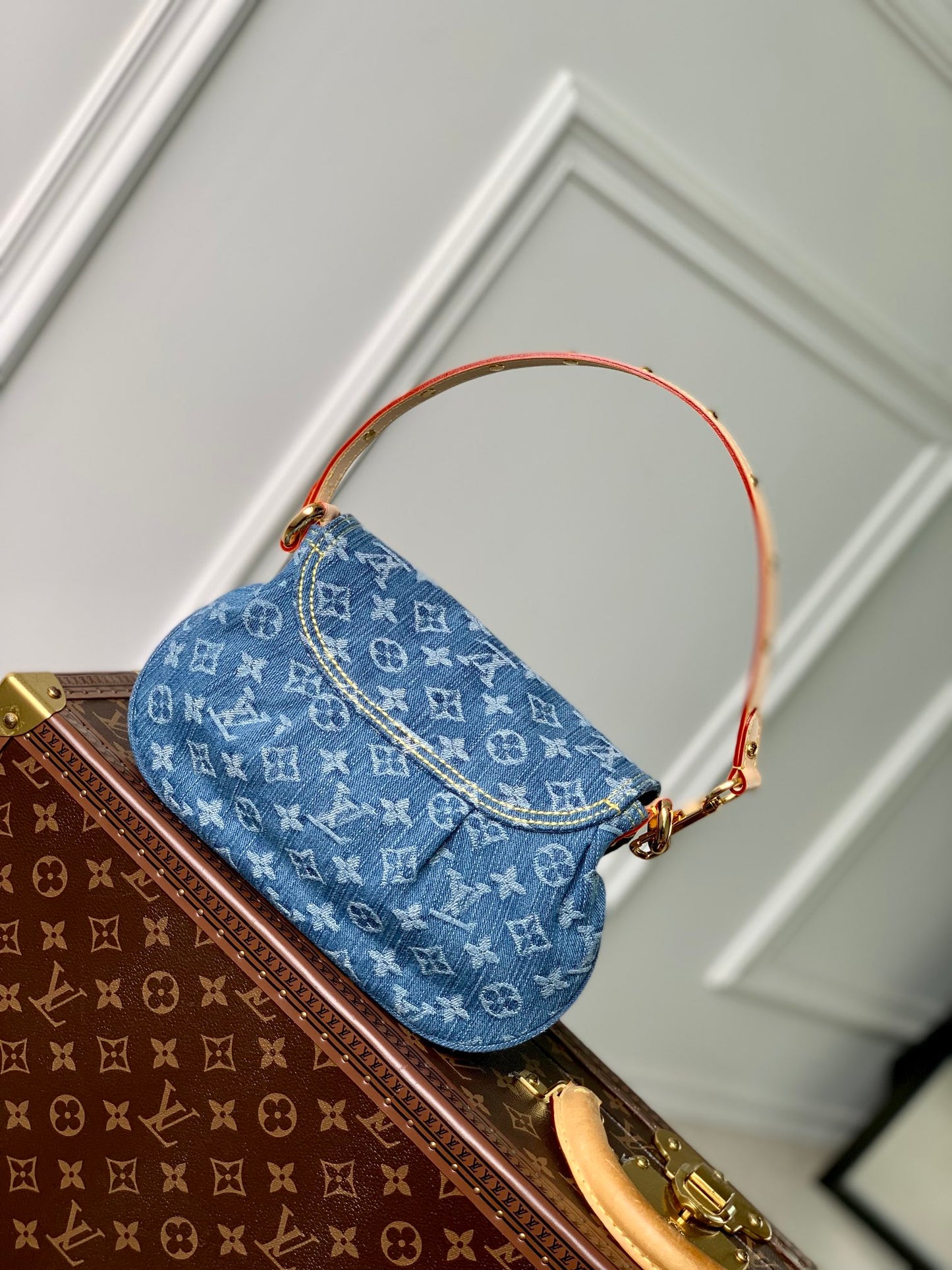 Louis Vuitton Vintage Style Blue Denim Monogram Shoulder Bag with Gold Hardware