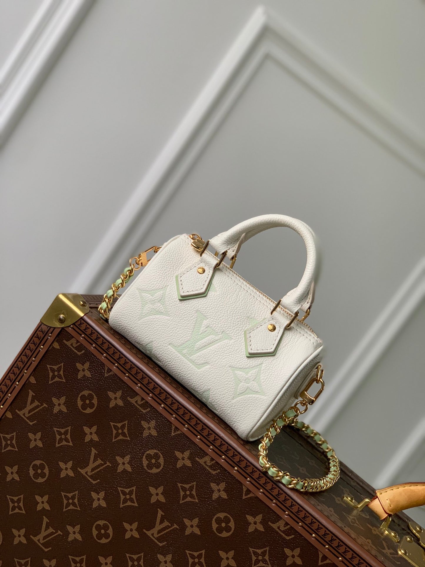 Louis Vuitton Mini Cream Leather Top Handle Bag with Sage Green Monogram and Gold Chain