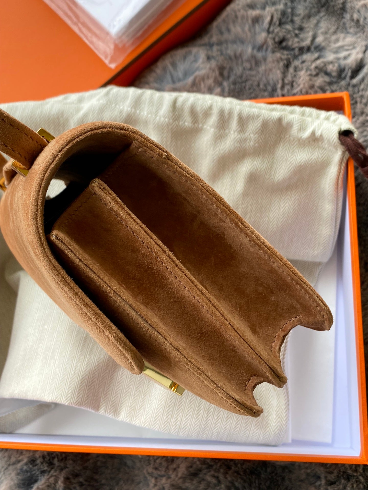 Tan Suede Crossbody Bag with Gold H-Clasp Buckle - Elegant Small Shoulder Bag