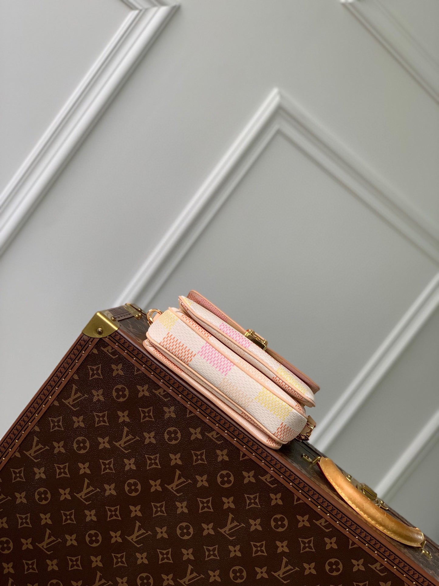 Louis Vuitton Elegant Pastel Checkered Crossbody Handbag with Gold Clasp