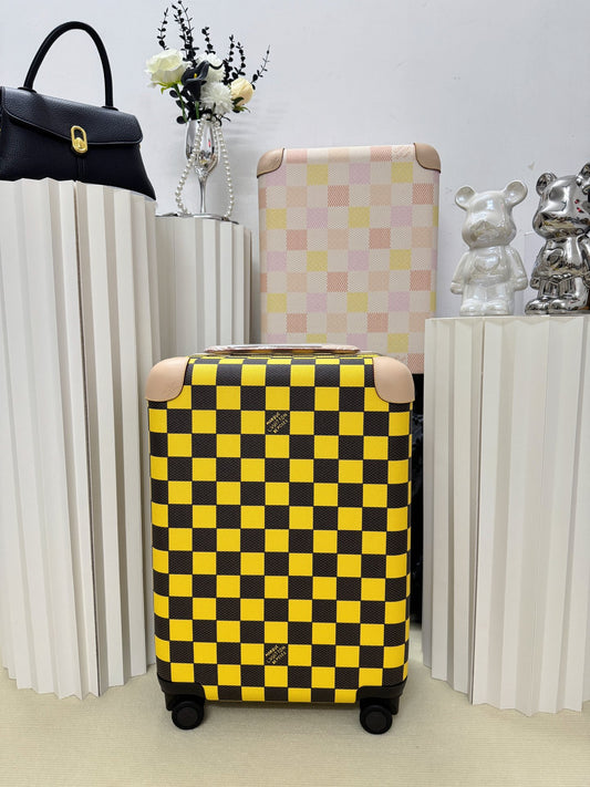 Vintage Yellow and Black Checkerboard Hardside Spinner Suitcase