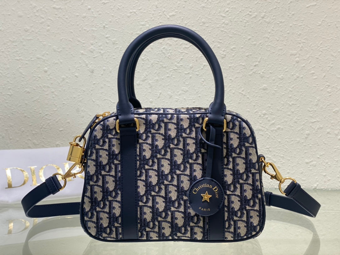 Dior Vintage Blue Monogram Top Handle Crossbody Bag with Gold Hardware