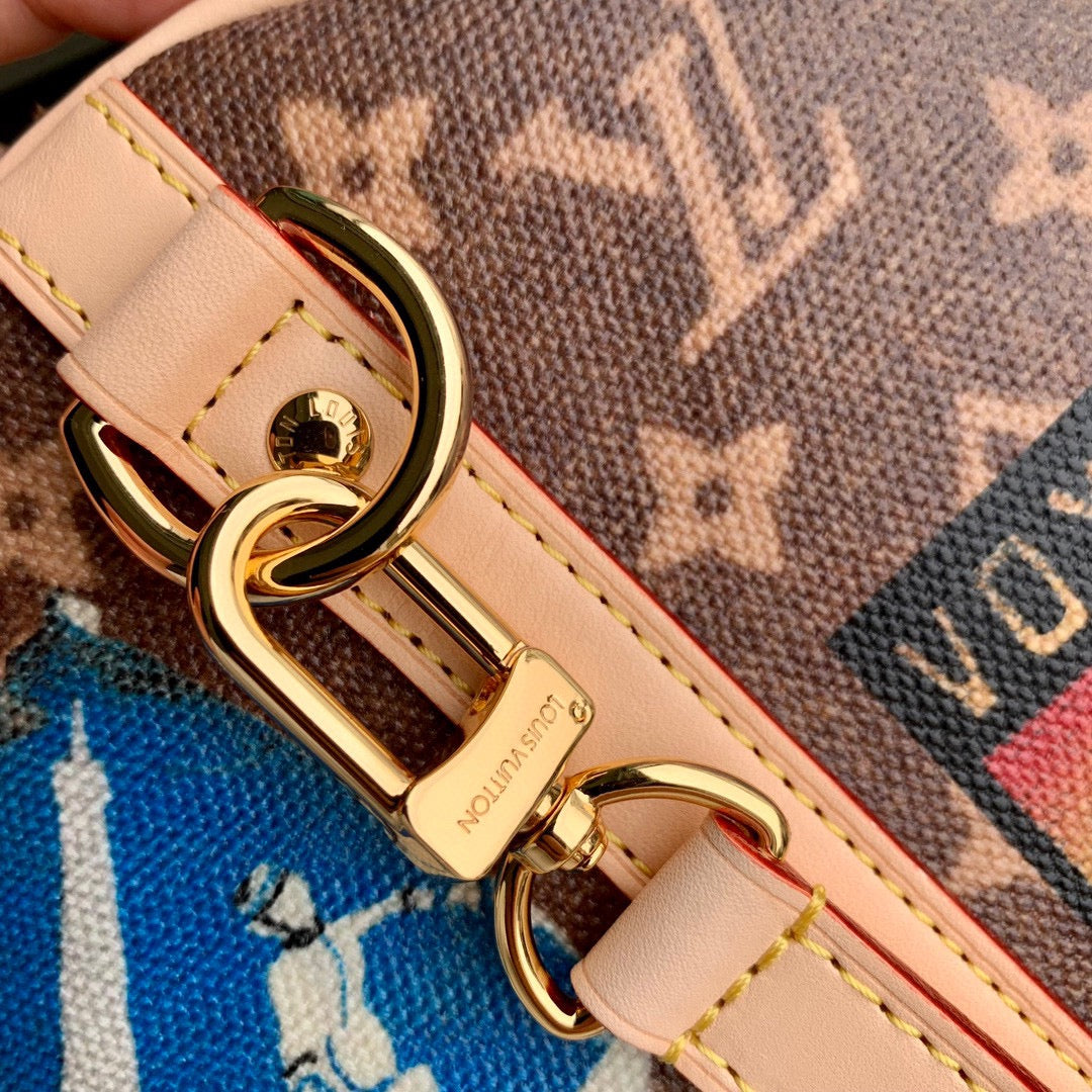 Louis Vuitton Vintage Brown Monogram Satchel Bag with Travel Sticker Print