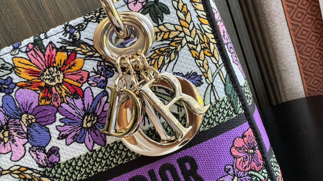 Christian Dior Lady D-Lite Bag with Floral Embroidery and Wide Shoulder Strap - Purple/Multicolor