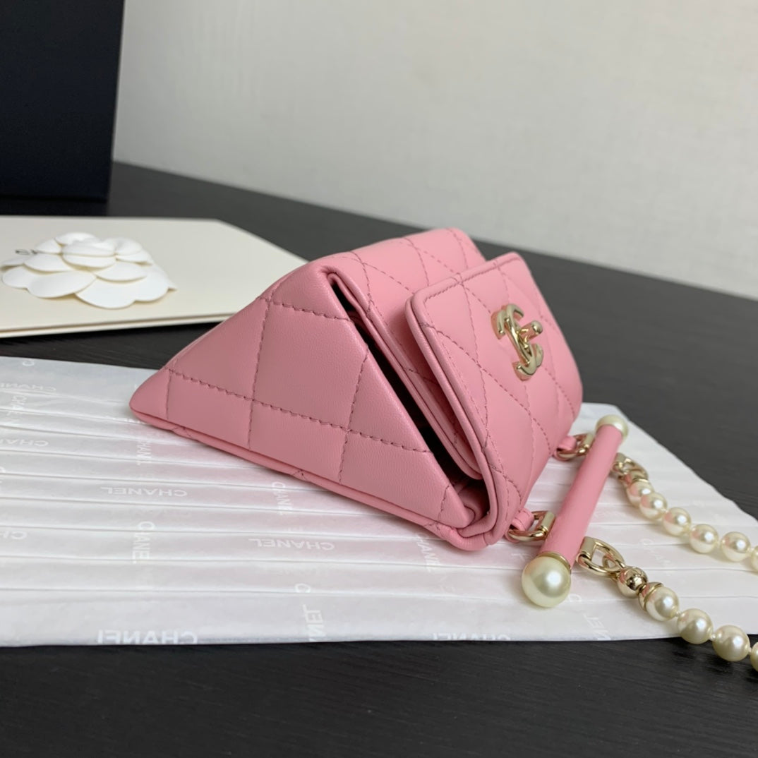 Chanel Pink Quilted Lambskin Leather Card Holder on Chain with Pearl Strap