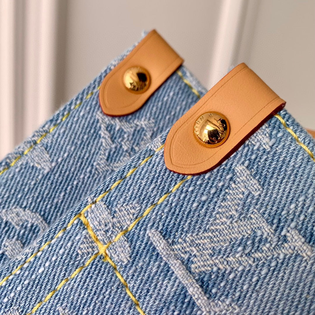 Louis Vuitton Petit Sac Plat Monogram Denim Blue Handbag with Braided Handles