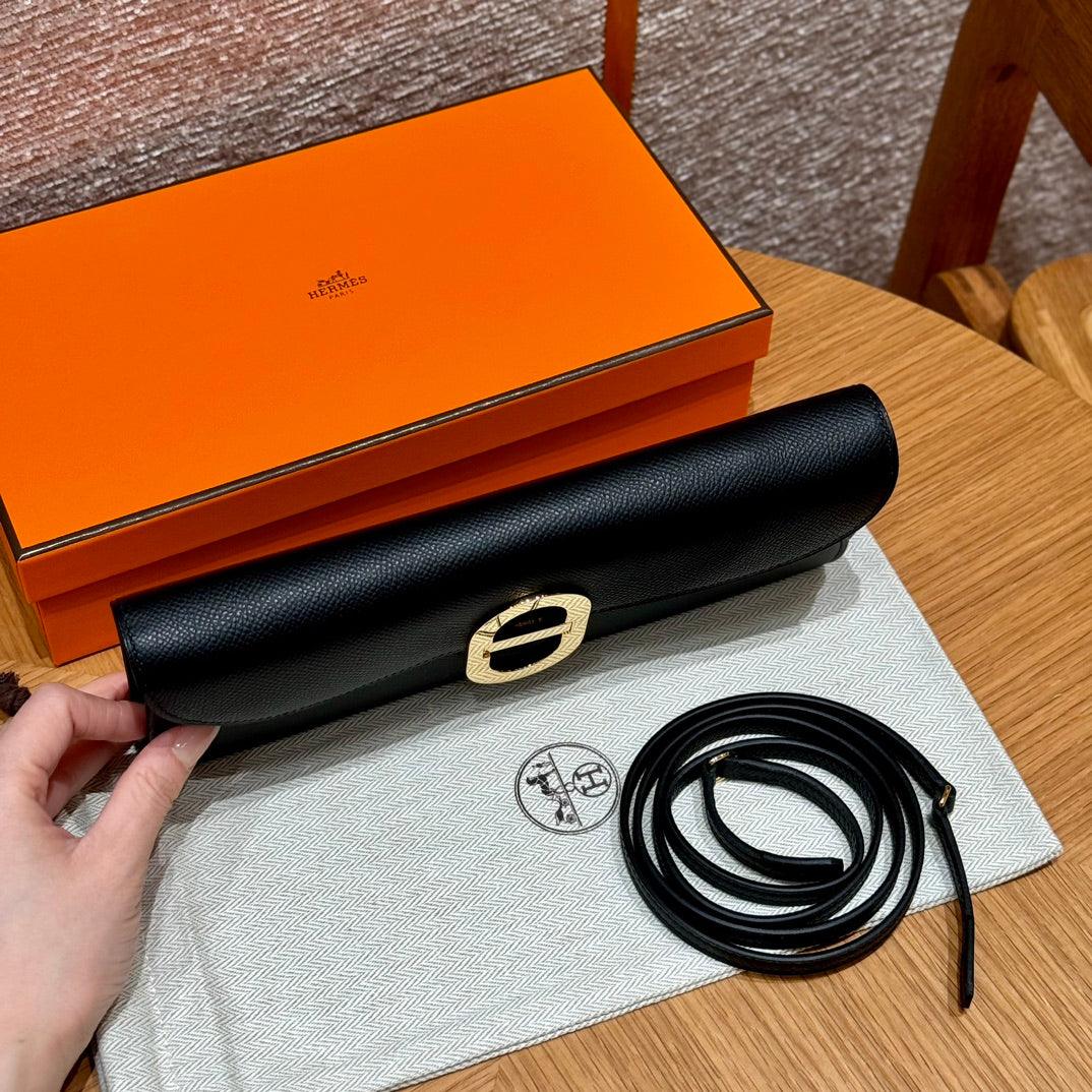 Luxury Black Leather Clutch Bag with Gold Buckle and Detachable Strap