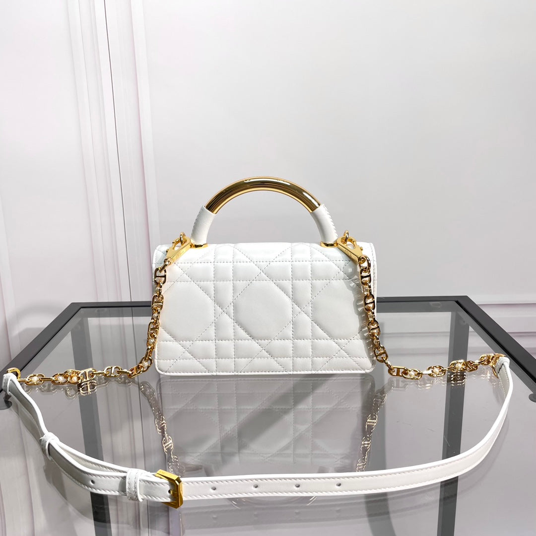 Dior White Quilted Leather Shoulder Bag with Gold Metal Top Handle