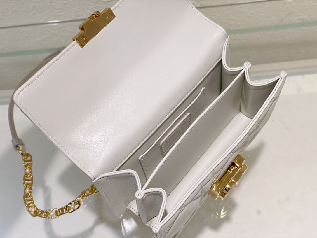 Dior Classic White Quilted Leather Top Handle Bag with Gold Chain