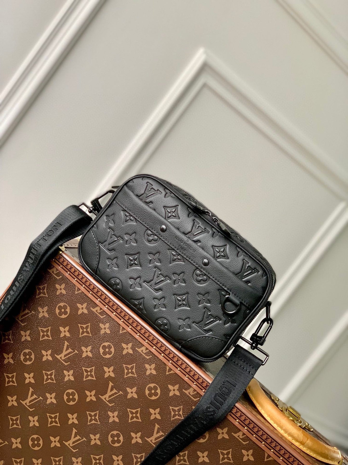 Louis Vuitton Black Embossed Monogram Crossbody Messenger Shoulder Bag