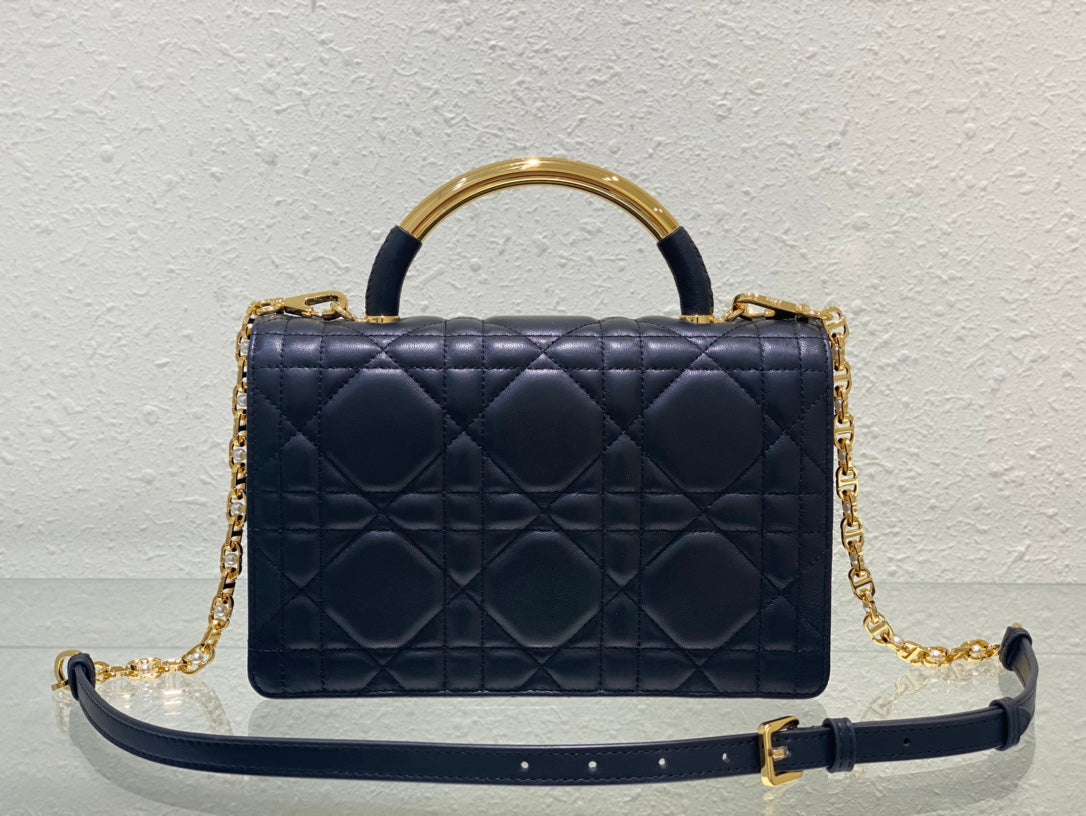 Dior Elegant Navy Blue Quilted Leather Top Handle Bag with Gold Chain