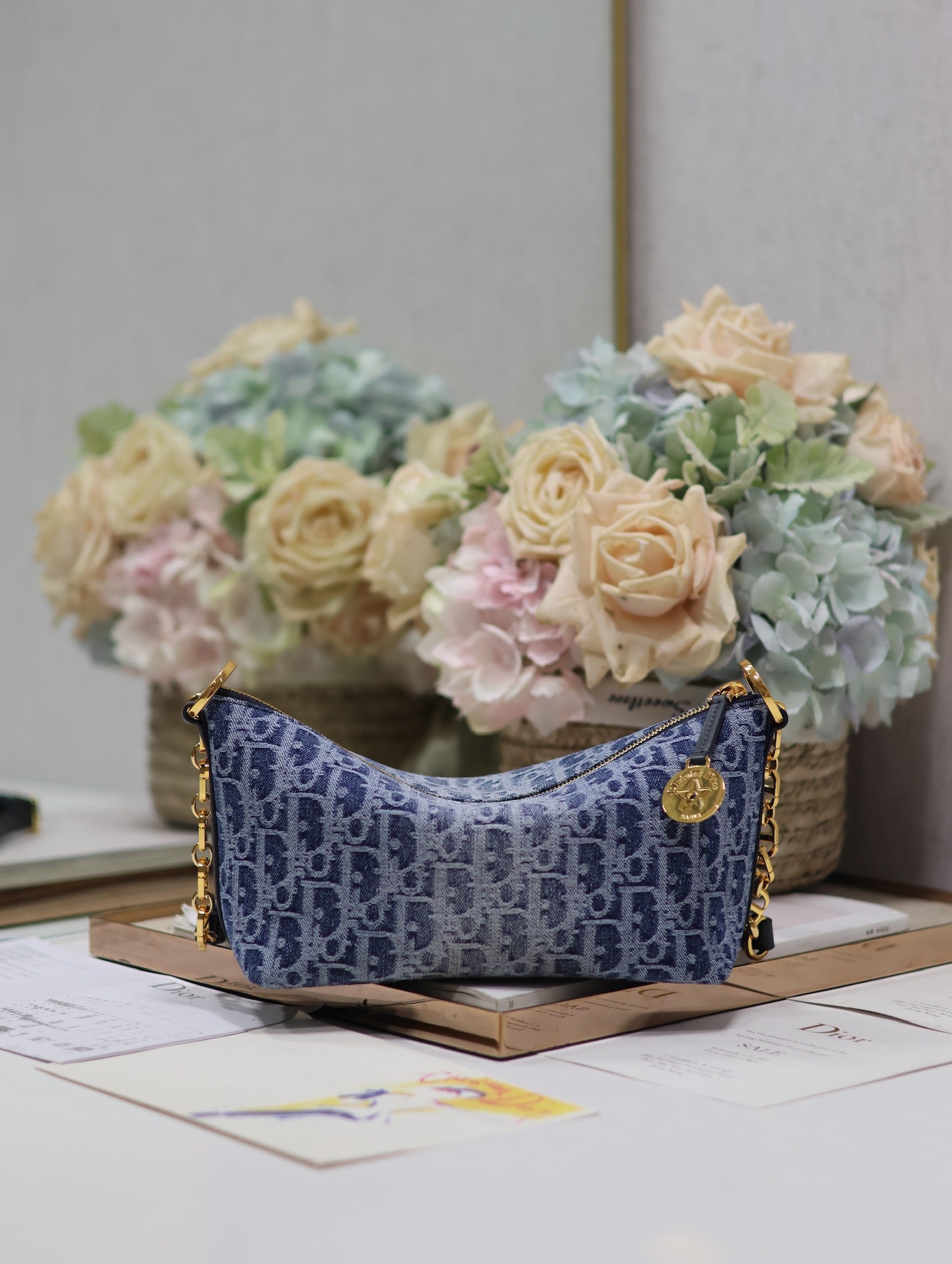 Chic Blue Monogram Oblique Hobo Bag with Gold Chain and Adjustable Shoulder Strap