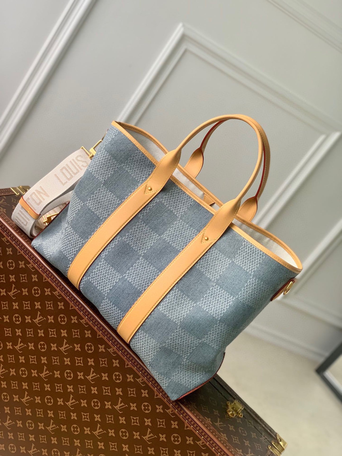 Louis Vuitton Onthego PM Damier Denim Tote Bag - Blue and White