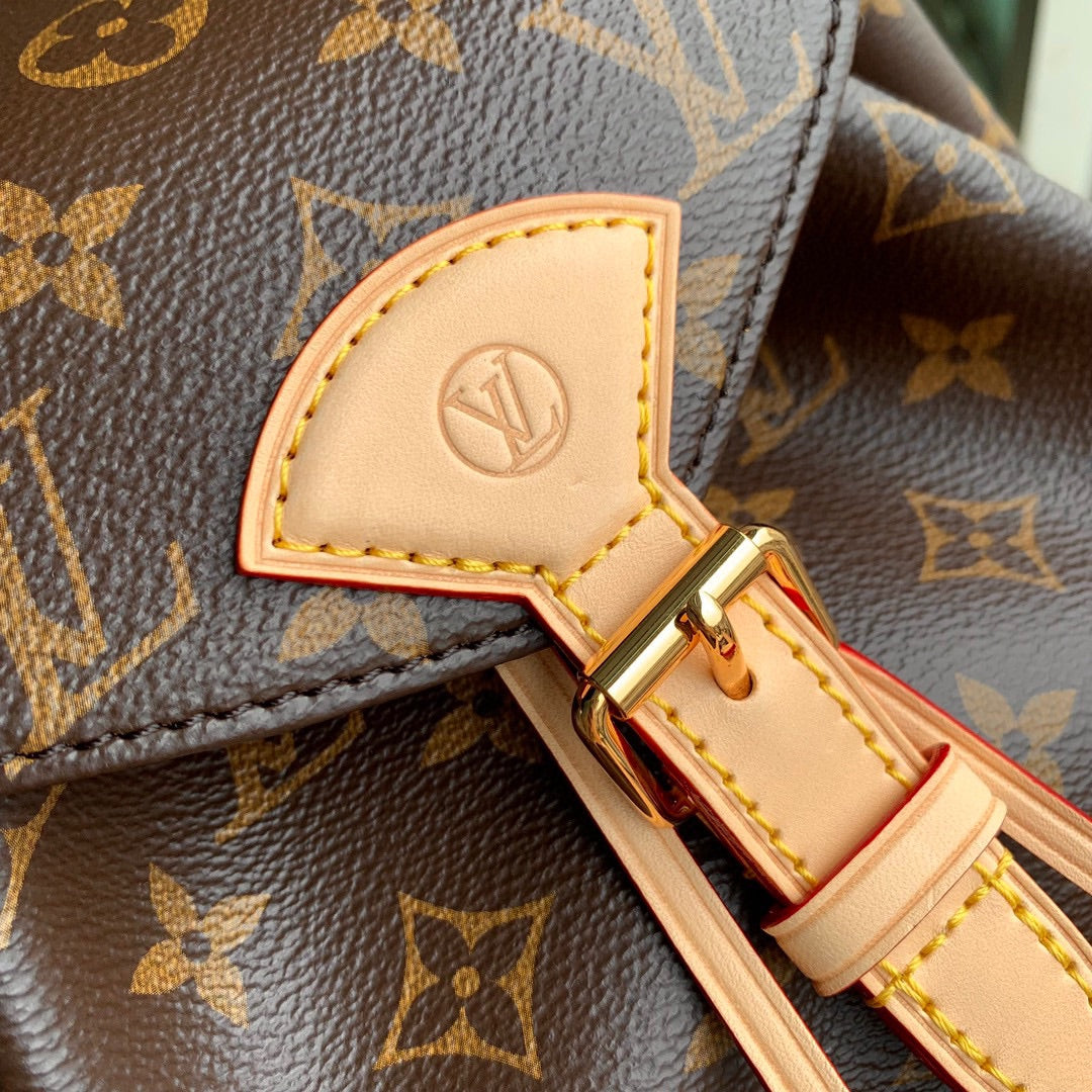 Louis Vuitton Classic Brown Monogram Print Backpack with Tan Leather Trim and Drawstring