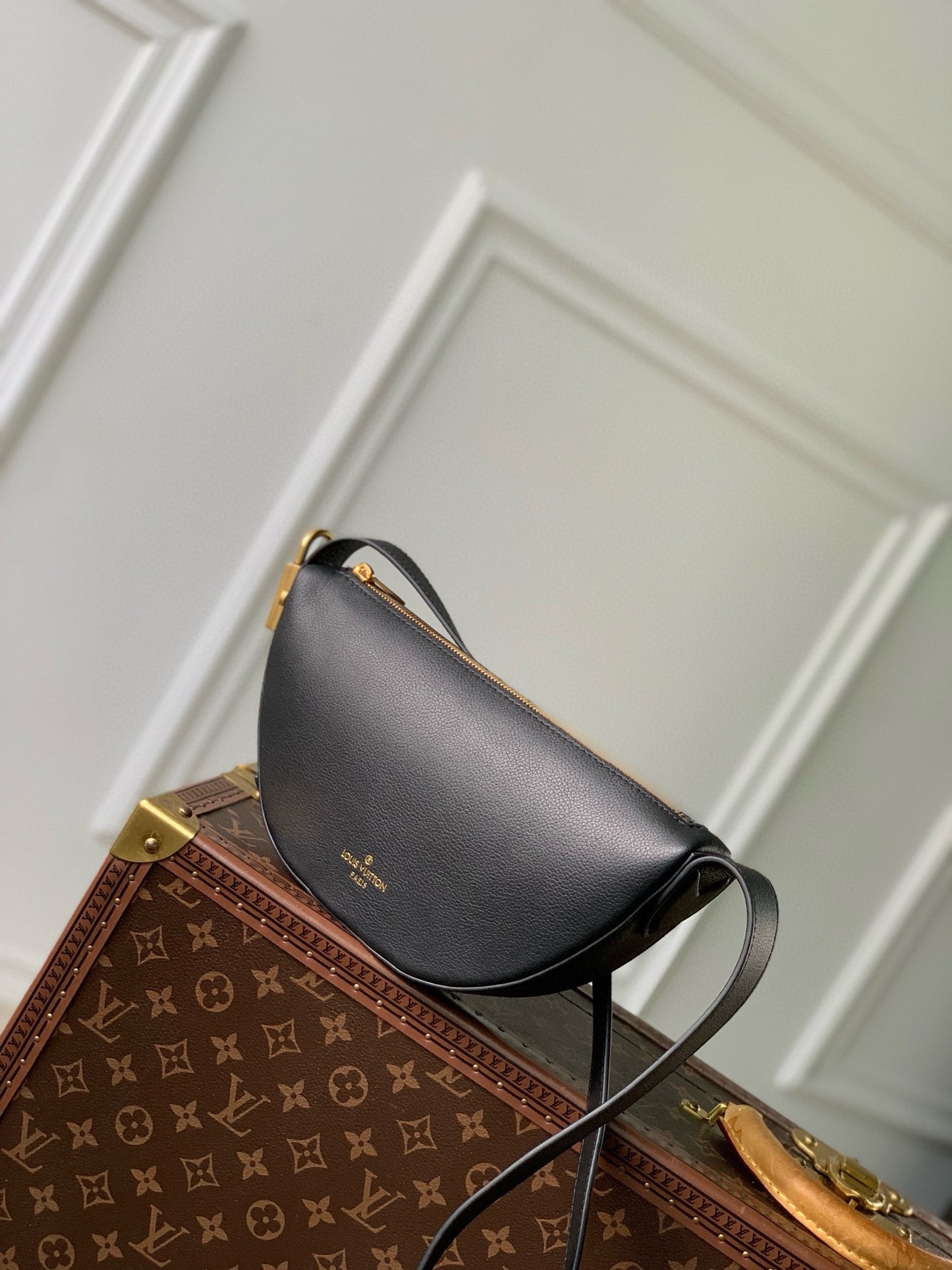Louis Vuitton Black Leather Belt Bag with Gold Hardware
