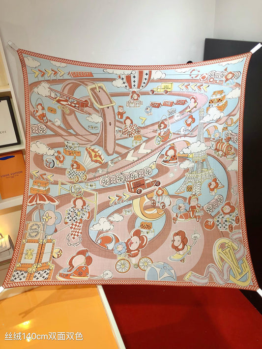 Large Square Silk Scarf with Detailed Amusement Park Narrative Illustration, Pink and Multicolored Decorative Scarf for Women
