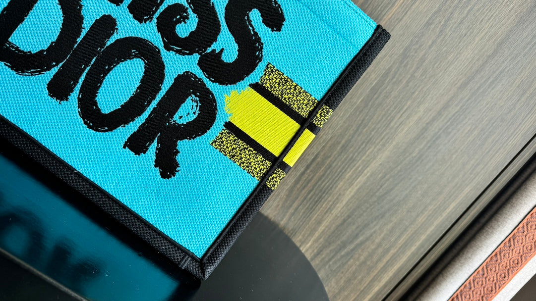 Dior Vibrant Yellow Canvas Tote Bag with Black Graffiti Print