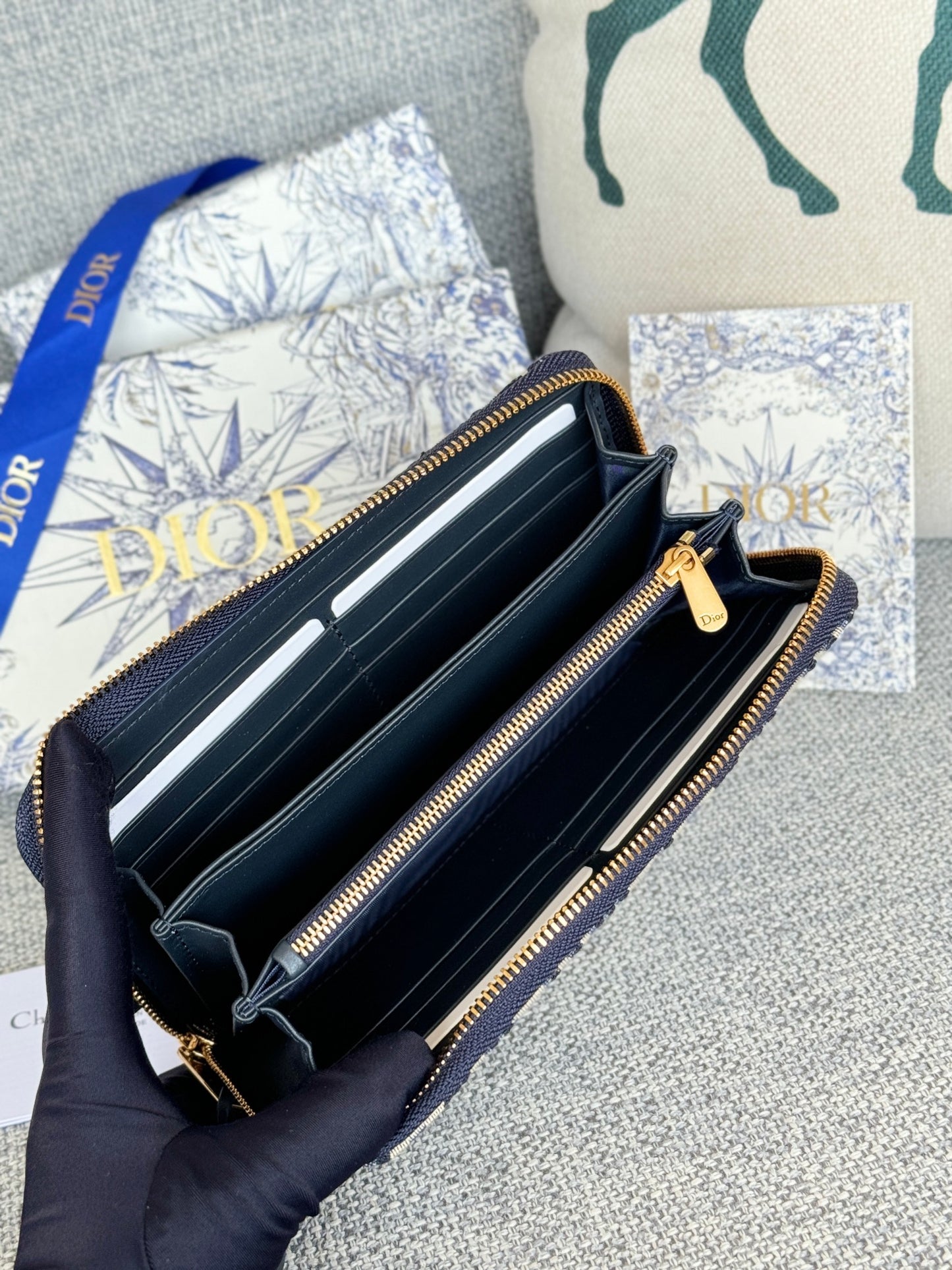 Dior Classic Blue Monogram Jacquard Zip-Around Wallet for Women