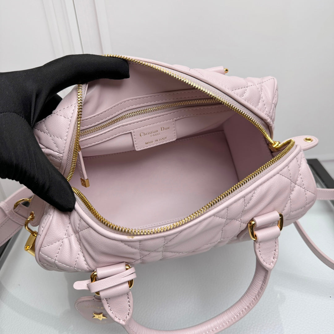 Dior Pastel Pink Quilted Leather Bowling Bag with Crossbody Strap
