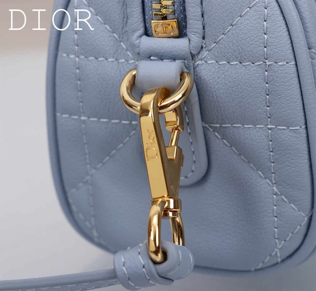 Dior Light Blue Quilted Leather Mini Bowling Handbag with Gold Star Charm