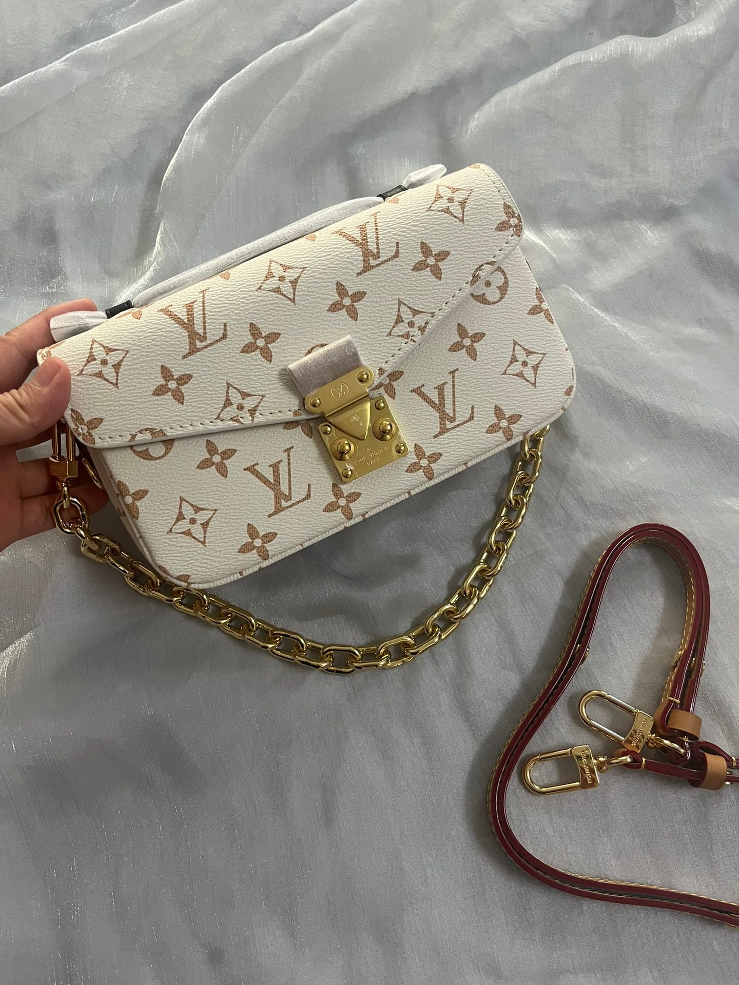 Classic Cream Monogram Luxury Shoulder Bag with Gold Chain &amp; Crossbody Strap
