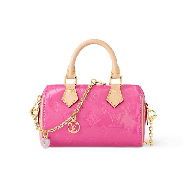 Louis Vuitton Nano Speedy Monogram Vernis Pink Patent Leather Bag with Chain Strap