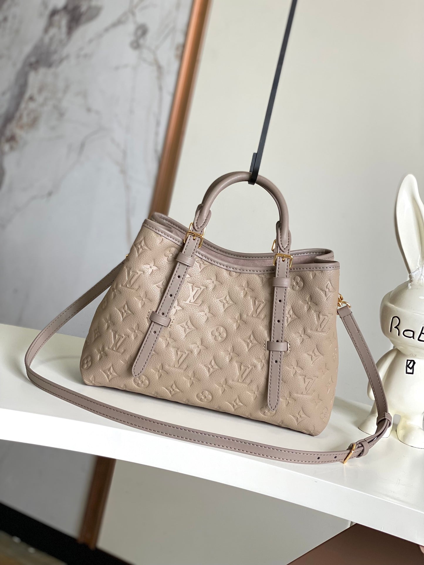 Louis Vuitton Taupe Embossed Leather Top Handle Handbag with Buckle Straps