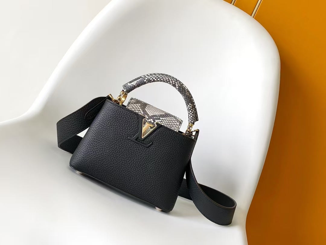 Louis Vuitton Black Leather Top Handle Handbag with Snakeskin Detail and Shoulder Strap