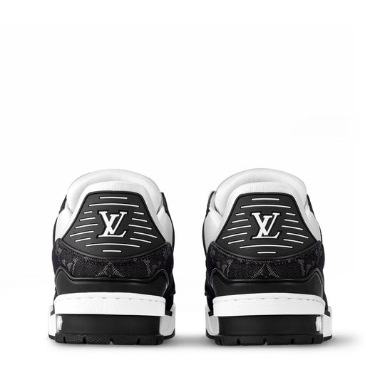 Louis Vuitton LV Trainer Maxi sneaker in black and white monogram denim and leather.
