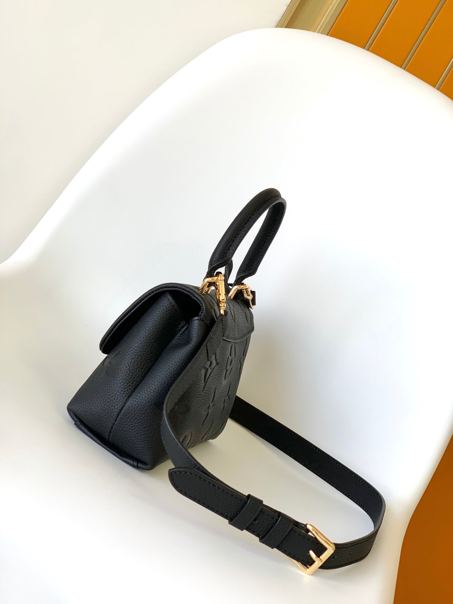 Louis Vuitton Black Embossed Leather Top Handle Handbag with Crossbody Strap