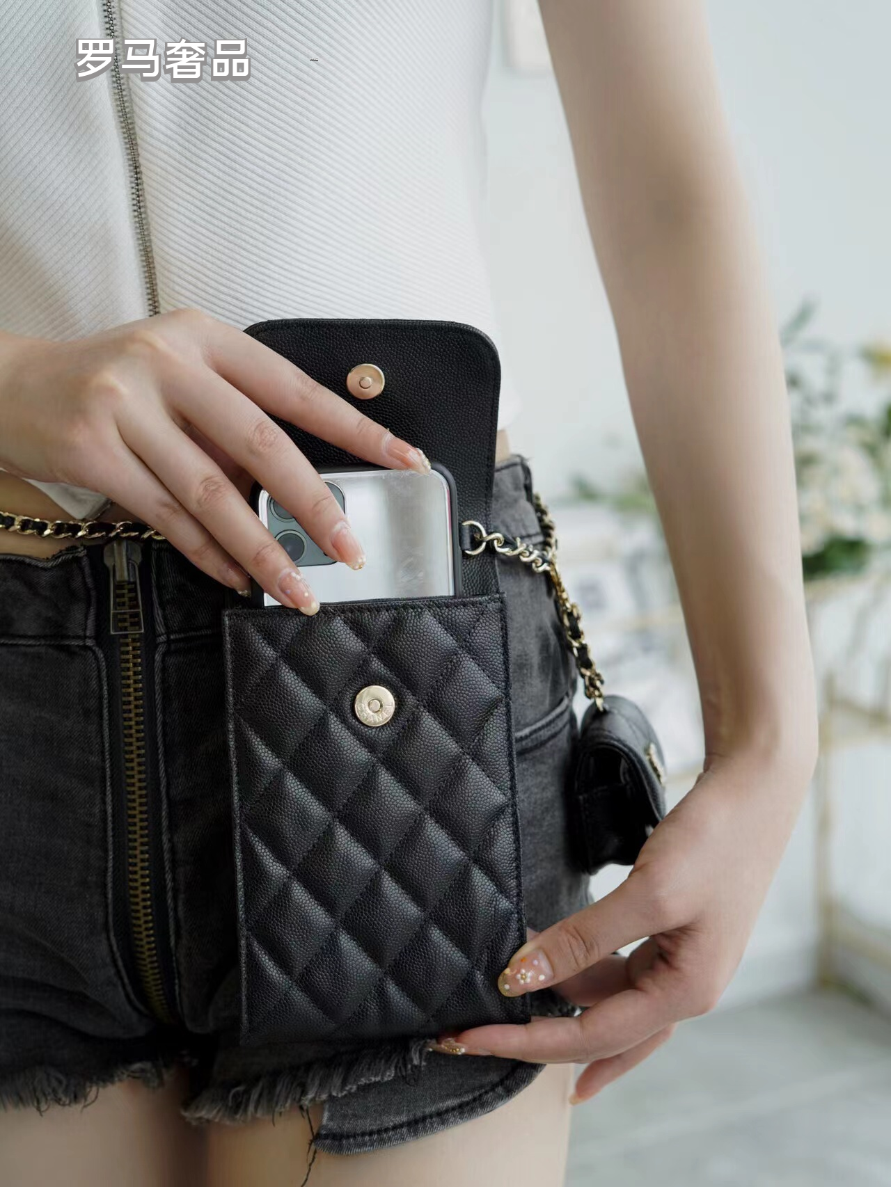 Women's Black Quilted Phone Crossbody Bag with Matching Airpods Pouch and Chain Strap