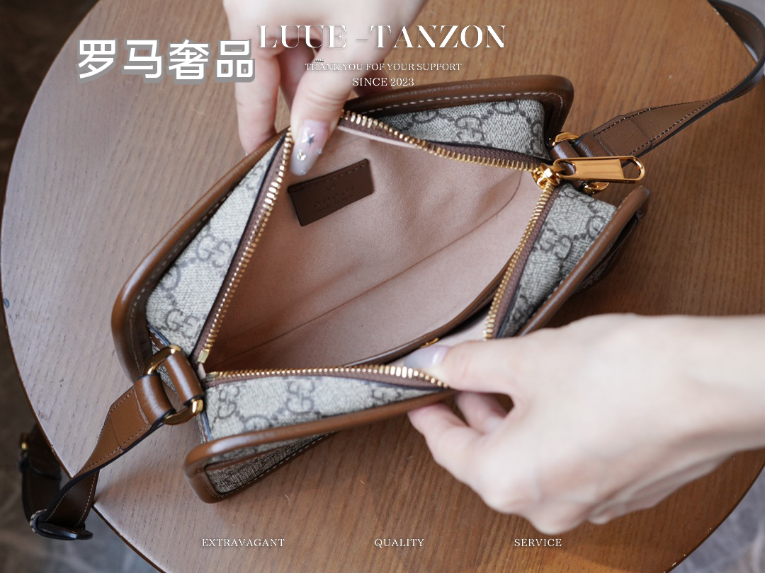 Gucci Vintage Monogram Canvas Crossbody Bag with Brown Leather Trim