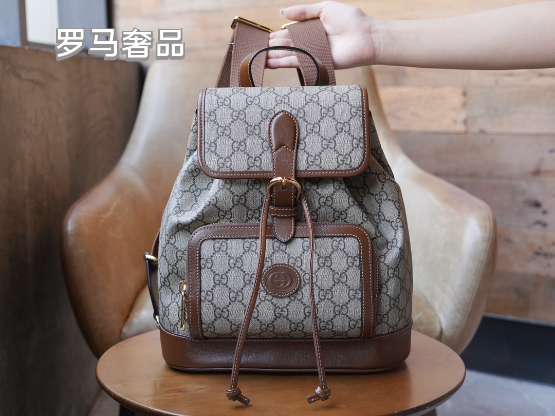 Gucci Classic Monogram Canvas Backpack with Brown Leather Trim and Drawstring