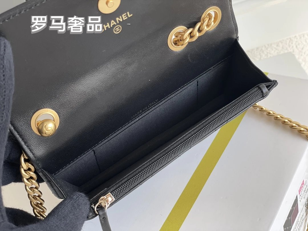 Dark Green Quilted Leather Mini Flap Bag with Gold-Tone Chain and Logo